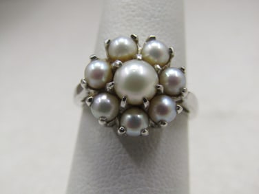 Vintage 10kt Pearl Blossom Ring, Sz. 5.75, White Gold