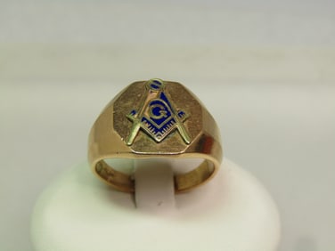 Vintage 14kt Gold shell Masonic Signet Ring, Sz. 8, 1960's, Signed