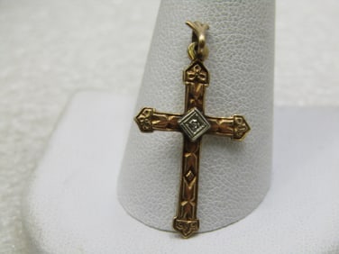 Vintage 10kt Two Tone Roman Cross Pendant with diamond accent