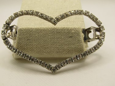 Vintage Rhinestone Open Heart Barrette, 3" by 2.75", Silver Tone