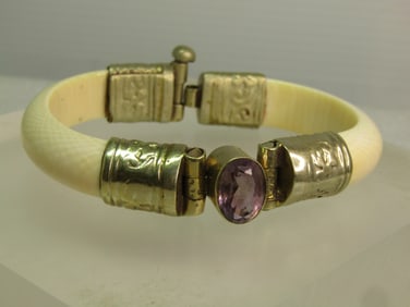 Vintage Bone Cuff Bracelet with Amethyst, Pin Clasp, 6.75", 1970's-1980's
