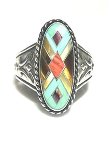 Vintage Carolyn Pollack Relios Sterling Silver Turquoise Tigers Eye and Coral Inlay Ring