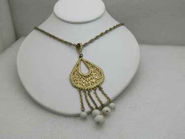 Vintage Gold Tone Open Design Necklace With Beaded Dangles 16"