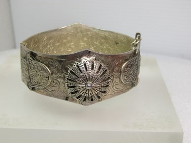 Vintage Hinged Hand of Fatima Bangle Bracelet, Pin Clasp, Middle East, 1950's-1960's, 7"