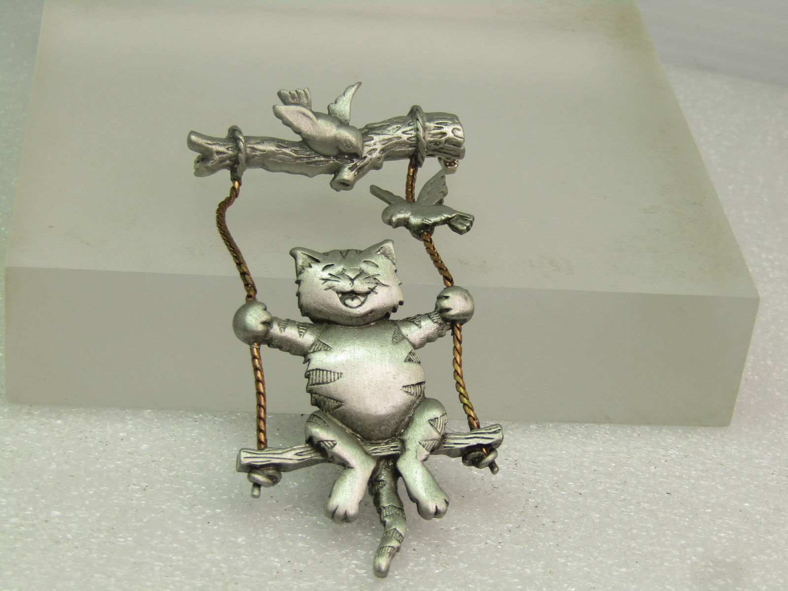 Vintage Cat on Swing With Branch and Bird, Signed JJ, 1980's-1990's (1 of 7)