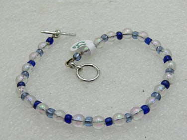 Clear & Blue Beaded Bracelet/Ankle Bracelet. 9.25" Toggle Clasp