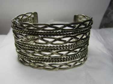 Vintage Silver Tone Woven Wide Cuff Bracelet, 7"