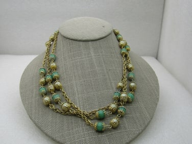 Vintage Green Glass Faux Pearl Necklace, 54", 8mm Unsigned Celebrity.