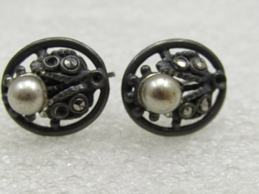 Vintage Faux Pearl Rhinestone Blossom Earrings, Screw Back, 1940's
