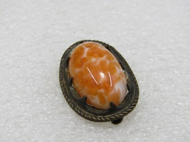Vintage Orange & White Czech Glass Brooch, 1930's, C-Clasp,