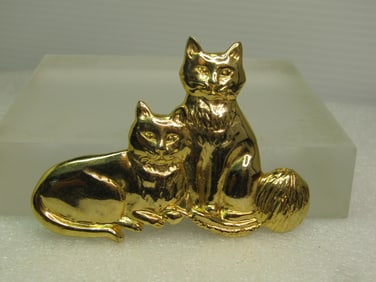 Vintage Cats and Yard Brooch, 1980's, Large, Gold-Tone