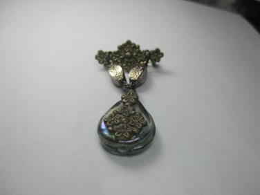 Vintage Brass & Iridescent Glass Bar & Dangle Brooch, Victorian Themed