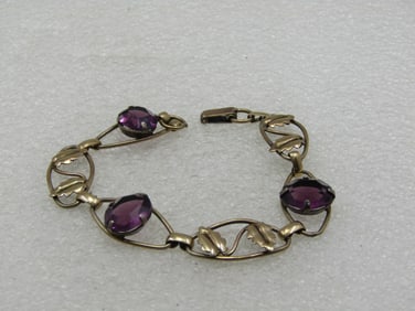Vintage 12kt GF Purple Rhinestone Leaf Bracelet, 7.25", 1940's