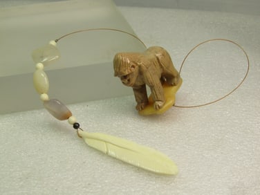 Carved Gorilla Fan Pull/Suncatcher with Carved Feather & Agate