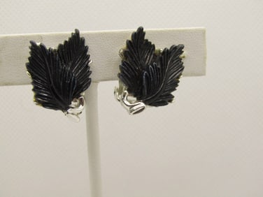 Vintage Black Leaf Clip Earrings, 1", Silver Tone