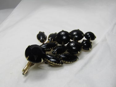 Vintage Black Glass Navette & Round Art Deco Brooch, 1960's, 2.5"