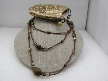 Green Brown Agate & Seed Beaded Necklce, 52", Boho