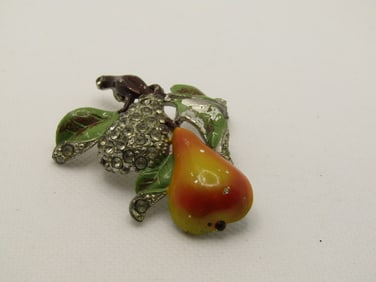 Vintage Enameled Rhinestone Pear Brooch, 1930's-1940's, 2.5" by 1.75"