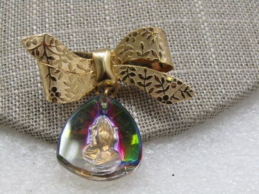 Vintage Reverse Carved Praying Hands, Bow Brooch, AB