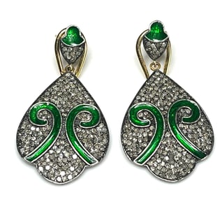 Estate Pave Diamond and Emerald Color Enamel Sterling Statement Earrings