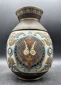 Large Antique METTLACH 1829 Villeroy & Boch Turquoise & Gold ART NOUVEAU Vase 9"