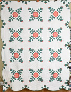 30's Rose of Sharon Applique Quilt: This BEAUTIFUL cotton 30's rose of sharon quilt is all hand appliqued and hand quilted, with a scalloped edge and vine border. It measures 74" X 94" and is in excellent condition, with a couple of sma