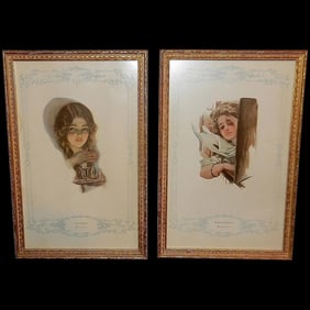 Vintage Pair of Harrison Fisher Chromolithographs- Homeward Bound & Goodnight- Embellished by