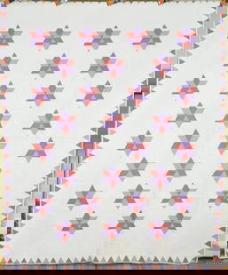 30's Stars Quilt, Sawtooth Border: This GORGEOUS cotton 1930's stars quilt is all hand pieced and hand quilted, with a nice pink and lavender sawtooth border. It measures 70" X 88" and is in excellent condition, with a couple of small,