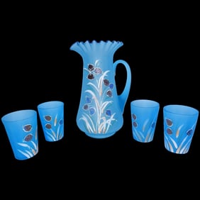 Antique Victorian-Era Hand-Painted Frosted Enamel Lemonade Set | Pitcher and Glasses