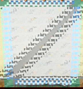 30's Ruby McKim Floral Quilt, Picket Fence Border: Description This beautiful cotton 30's "Garden of Flowers" (pattern by respected quilt designer Ruby McKim) quilt is hand embroidered and hand quilted, with a pieced picket fence border. It measures 8