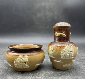 Doulton Lambeth Mini Salt Cellar and Pepper Shaker: Title: Doulton Lambeth Mini Salt Cellar and Pepper ShakerDate/Period: unknownDimension: Material: potteryAdditional