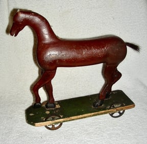 Mid 19th C Primitive Wooden Horse Pull Toy