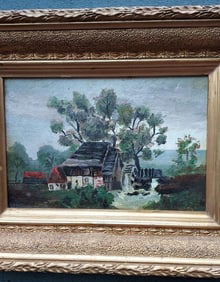 Miniature oil painting on Board 1890 House on lake W.P. gristmill