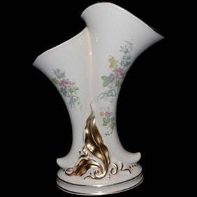 Vintage Princeton Double Cornucopia Vase P195 Cream Floral Design Gold Trimmed