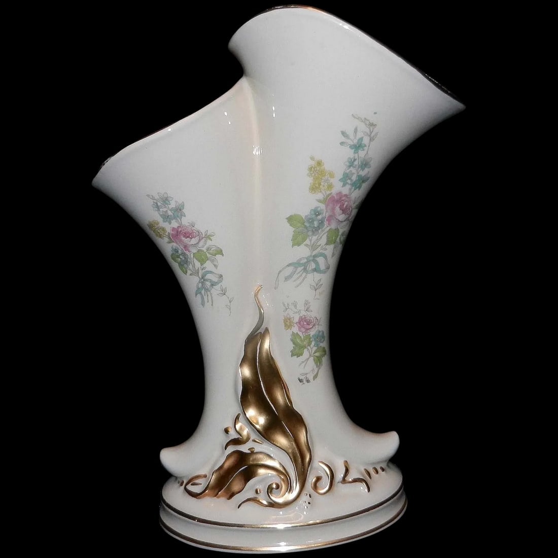 Vintage Princeton Double Cornucopia Vase P195 Cream Floral Design Gold Trimmed (1 of 7)