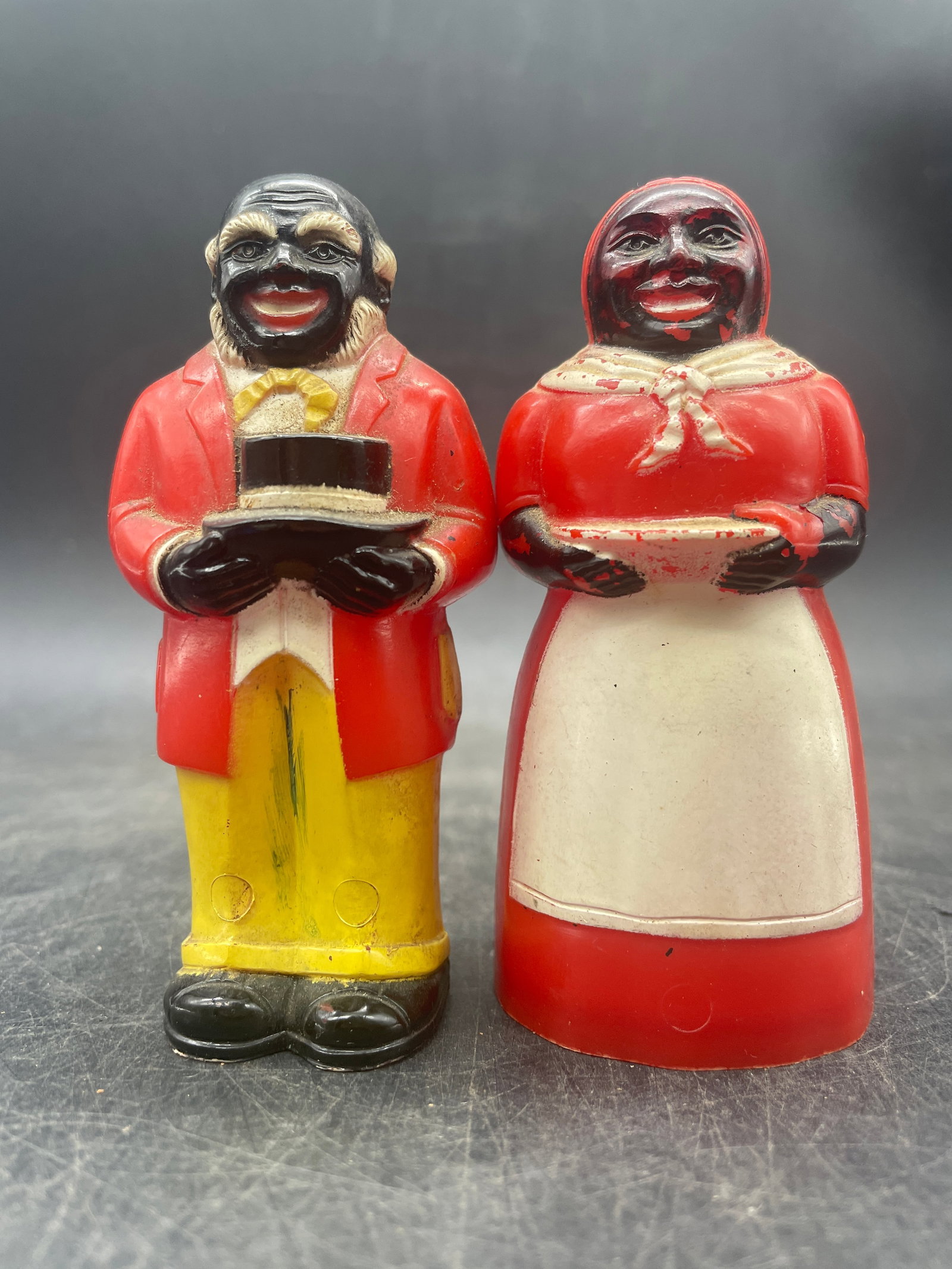 VINTAGE F&F Mold SALT AND PEPPER SHAKERS: Title: VINTAGE F&F Mold SALT AND PEPPER SHAKERS Date/Period: approx 1930-40's Dimension: APPROX 3.5" TALL Material: plastic Additional Information: VINTAGE F&F Mold SALT AND PEPPER SHAKERS Shipping: D