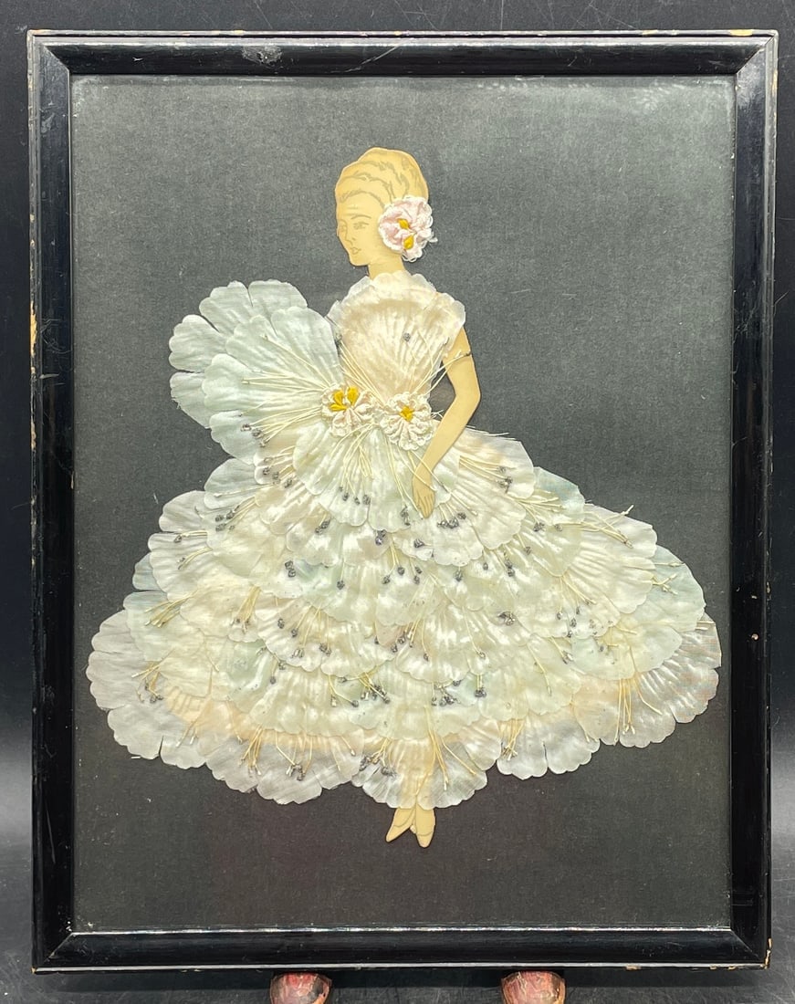1920'S RIBBON ART PAPER DOLL VICTORIAN GIRL DRESSED BOUQUET FRAMED (1 of 8)