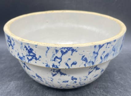Antique Spongeware Mixing Bowl Crock: Title: Antique Spongeware Mixing Bowl Crock Date/Period: unknown Dimension: Approx. 6.5 x 3.25 Material: pottery Additional Information: Antique Blue & White Spongeware Stoneware Salt Glazed Mixing Bo