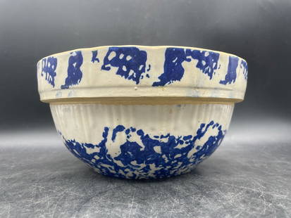 Antique Blue & White Spongeware Stoneware Salt Glazed Mixing Bowl Crock: Title: Antique Blue & White Spongeware Stoneware Salt Glazed Mixing Bowl Crock Date/Period: unknown Dimension: Approx. 8.5 x 4.25 Material: pottery Additional Information: Antique Blue & White Spongew