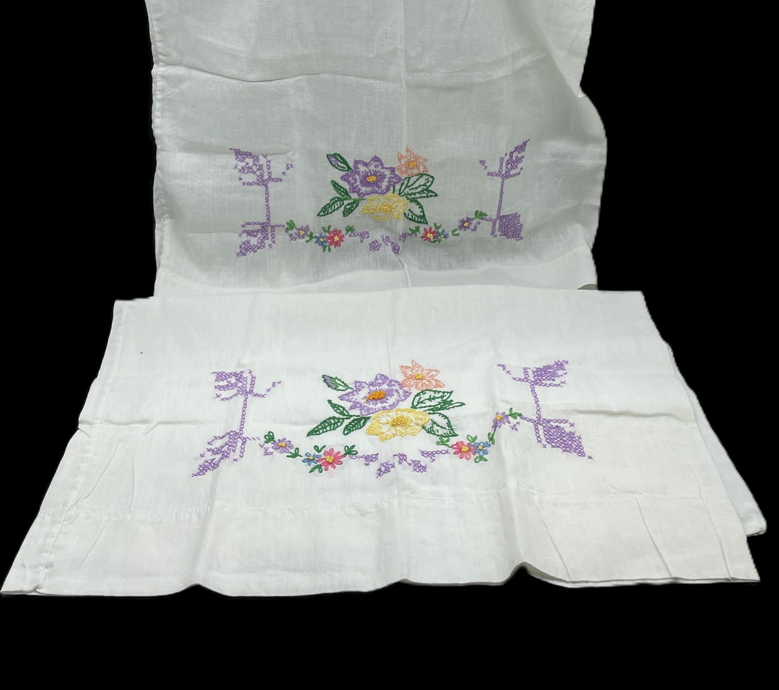 Vintage Pillowcases Handmade Embroidered Flowers Purple Accents (1 of 5)