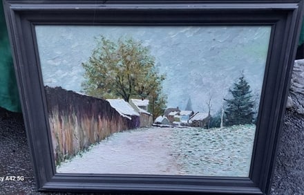 1950 oil painting Vermont "Beyond The Wall" Inscription On Back Snow