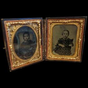 Daguerreotype or Ambrotype Double! 2 photos of Girls Children 3 x 2.25 in