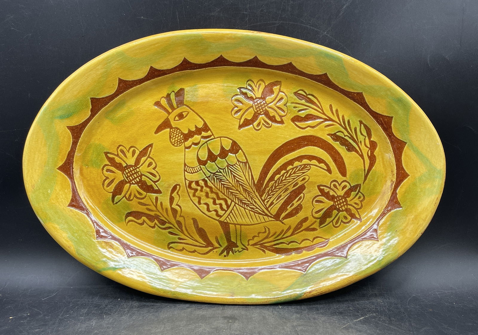 Folk Art Redware Platter Deitrich 15.5" x 10.25": Title: Folk Art Redware Platter Deitrich 15.5" x 10.25" Date/Period: UNKNOWN Dimension: Approx. 15.5" x 10.25" Material: redware Additional Information: Folk Art Redware Platter Deitrich Loghouse Ship