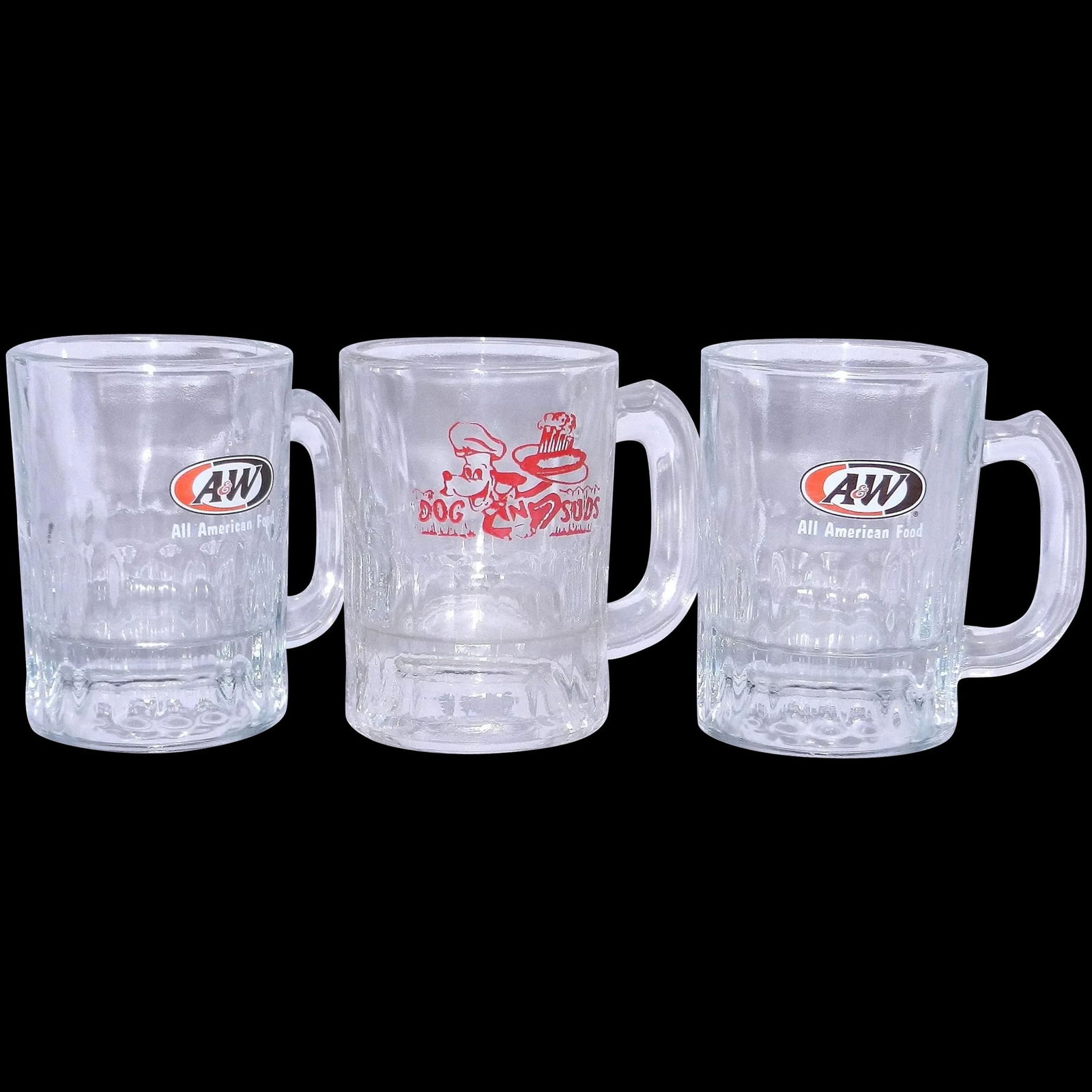 Vintage Mid-Century Dog N Suds & A & W Mini Root Beer Mugs: This Vintage Mid-Century Dog N Suds Mini Root Beer Mug is in excellent condition. The pyro is in perfect condition. It stands 3 ¼” tall and holds 4 oz. The logo dates this particular mug to
