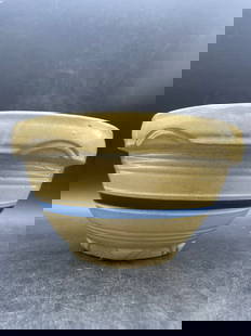 Antique Stoneware Yellowware Blue & White Bands Mixing Bowl Banded Yellow Ware: Title: Antique Stoneware Yellowware Blue & White Bands Mixing Bowl Banded Yellow Ware Date/Period: Approx 1930's Dimension: Approx 8.5" diameter x 4.75" Material: yellowware / yellow ware Additional I