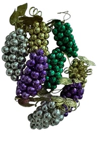 VTG 8 Grape Cluster Ornaments 4" Faux Mercury Beads w Gold Leaves Tendrils