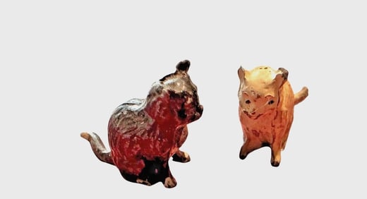 Pair Antique Cold Painted Metal Miniature Dollhouse two Kitty Cat 1"