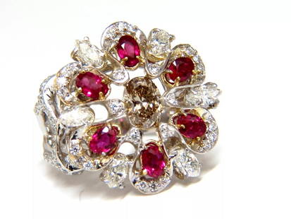 18kt Natural Fancy color Diamond Ruby Cocktail Cluster ring: Sparkling Open Gilt Fancy color Oval cut Diamond ring. Natural Fancy Light Brown color Center diamond: .55ct. Oval Brilliant Cut 6.4 X 4.3mm Vs-2 clarity 2.70ct. Side round, Marquise & Oval Diamonds:
