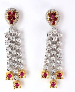 3.00ct natural deep red ruby diamond by yard dangle earrings 14kt.+: Ruby & Diamonds Dangling Earrings. Three Tier. 1.50ct. Natural Rounds Brilliant cut Rubies. Clean clarity, Deep Reds & Transparent. Diamonds Total Weight: 2.00ct. Rounds & Full cuts. G-color vs-2 clar