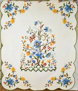 Vintage "Tree of Life" Applique Quilt: This BEAUTIFUL cotton 60's / 70's tree of life quilt is all hand appliqued and hand quilted, with hand embroidered accents and a scalloped edge. It measures 76" X 92" and is in excellent condition, wi